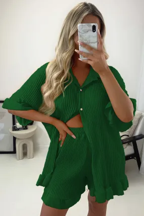 Colette Green Plisse Pleated Frill Hem Shirt and Shorts Co-Ord Set