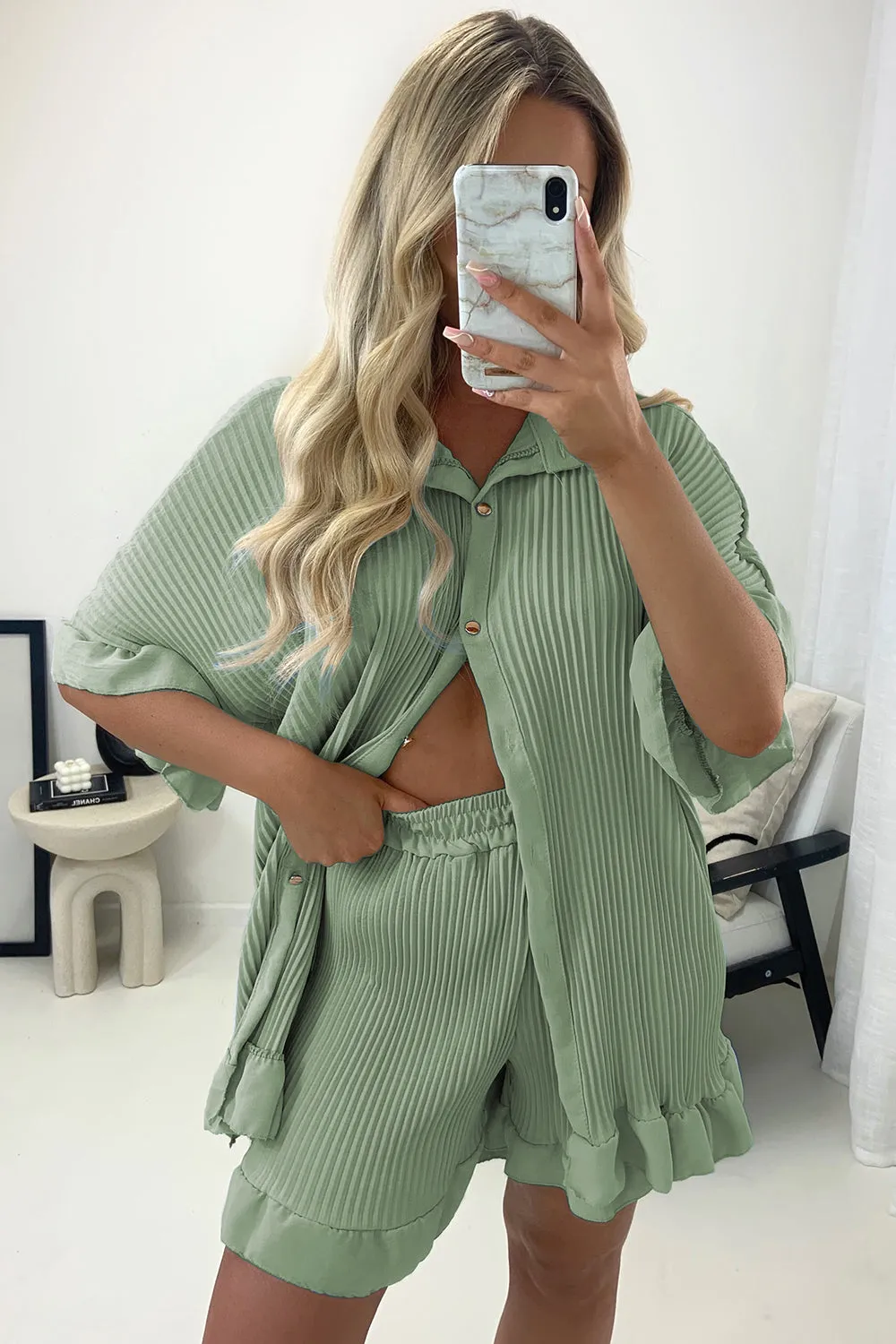 Colette Sage Plisse Pleated Frill Hem Shirt and Shorts Co-Ord Set