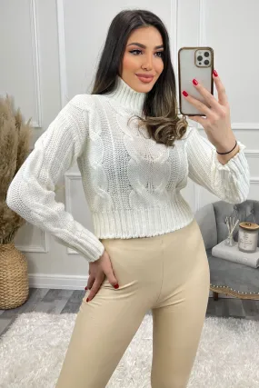 Connee White High Neck Cable Knit Cropped Jumper