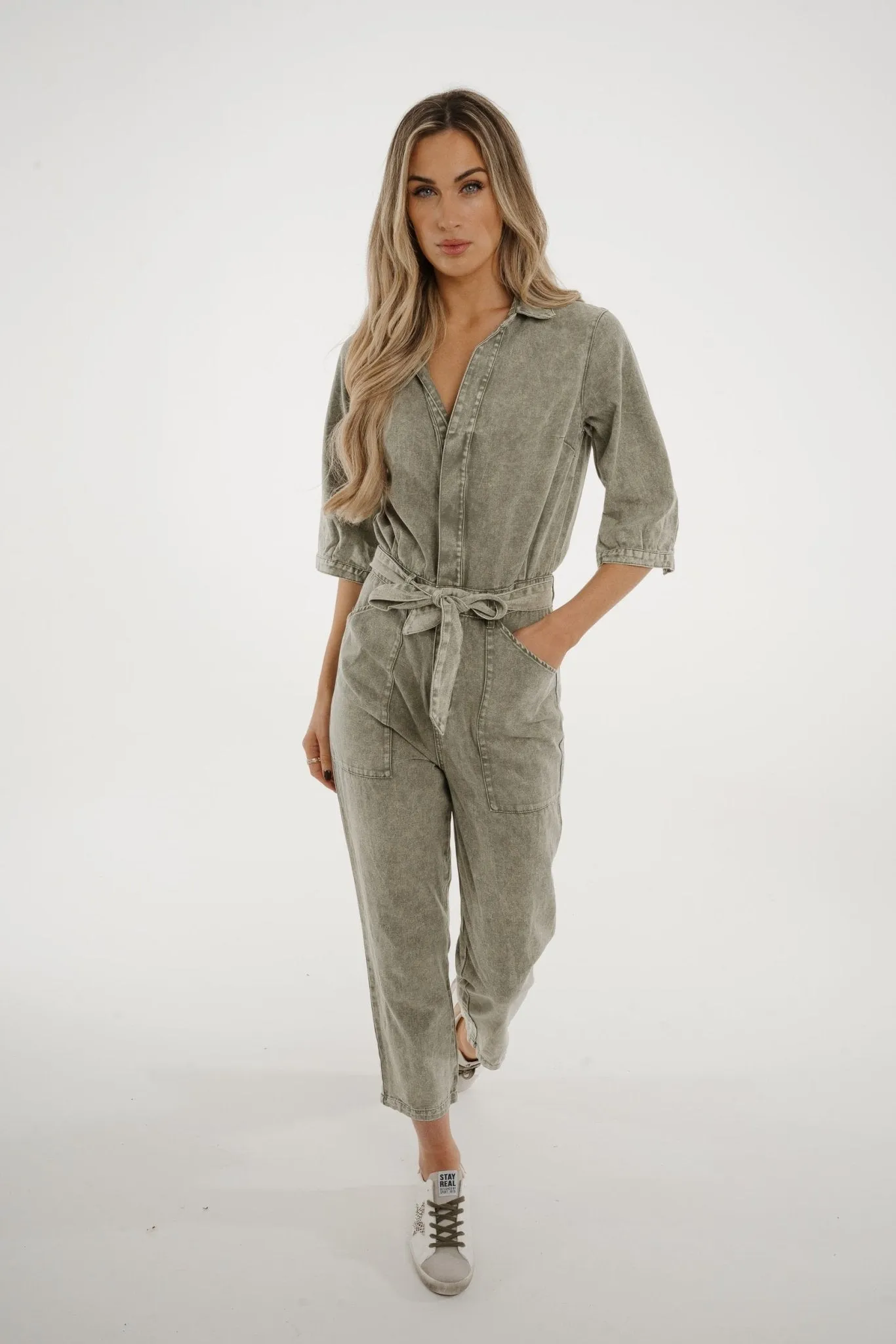 Cora Tie Waist Jumpsuit In Khaki