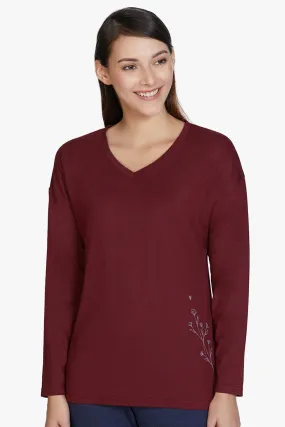 Cotton Blend Long Sleeve Sleep T-shirt - Maroon