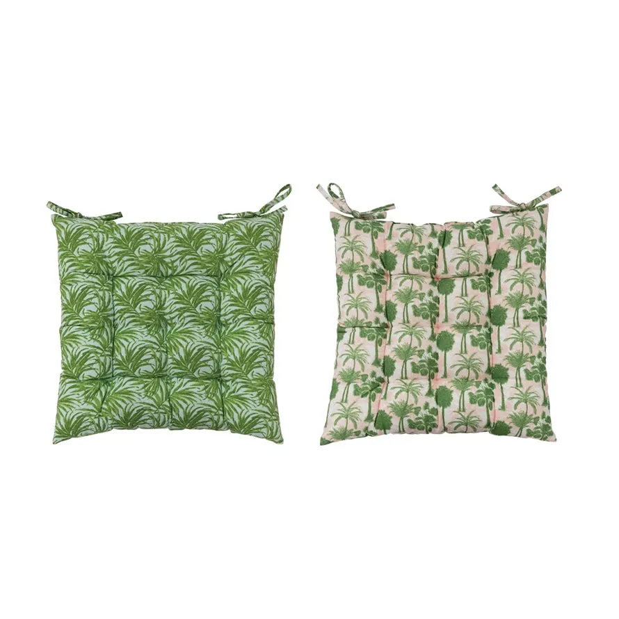 Cotton Printed Chair Cushion with Palm Pattern (Green)