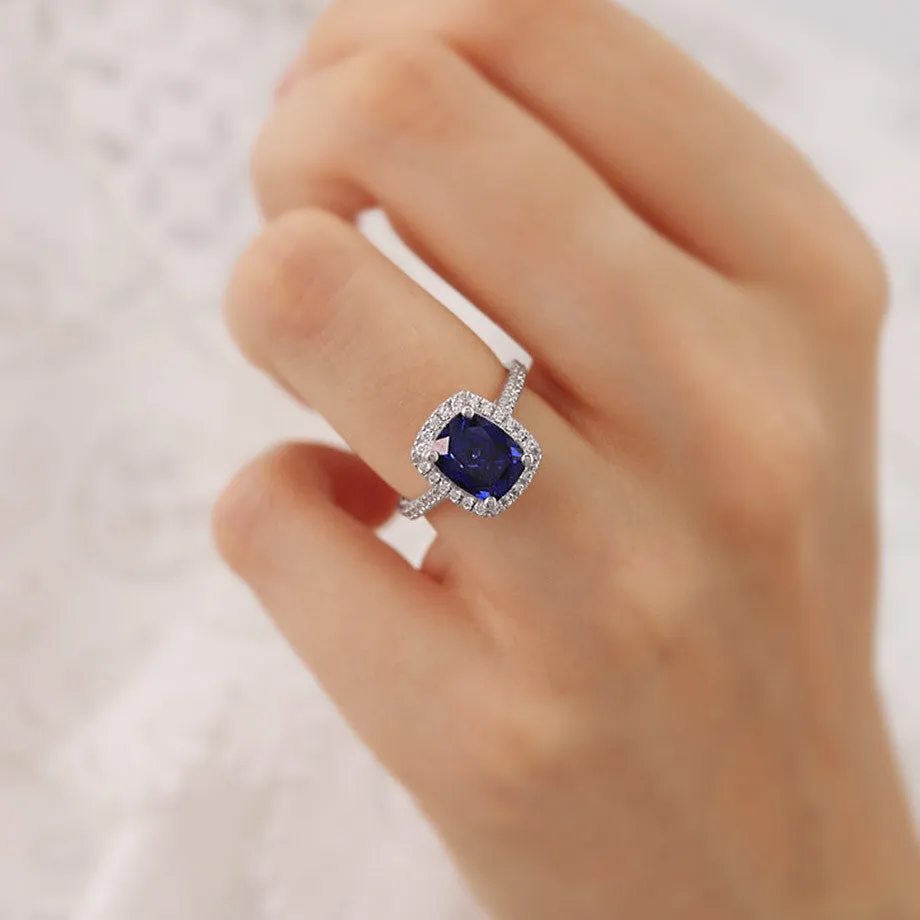 DARLEY - Chatham® Blue Sapphire Elongated Cushion Micro Pavé 18k White Gold Halo