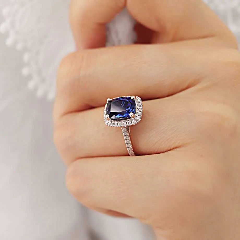 DARLEY - Chatham® Blue Sapphire Elongated Cushion Micro Pavé 18k White Gold Halo