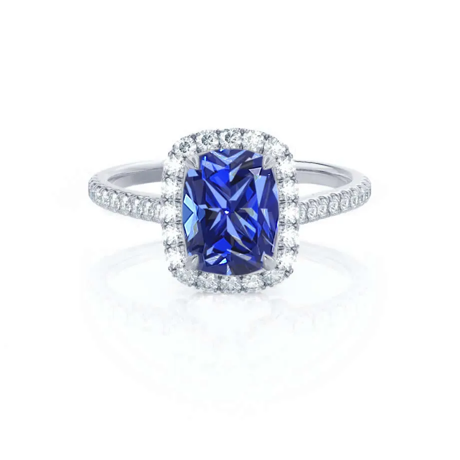 DARLEY - Chatham® Blue Sapphire Elongated Cushion Micro Pavé 18k White Gold Halo