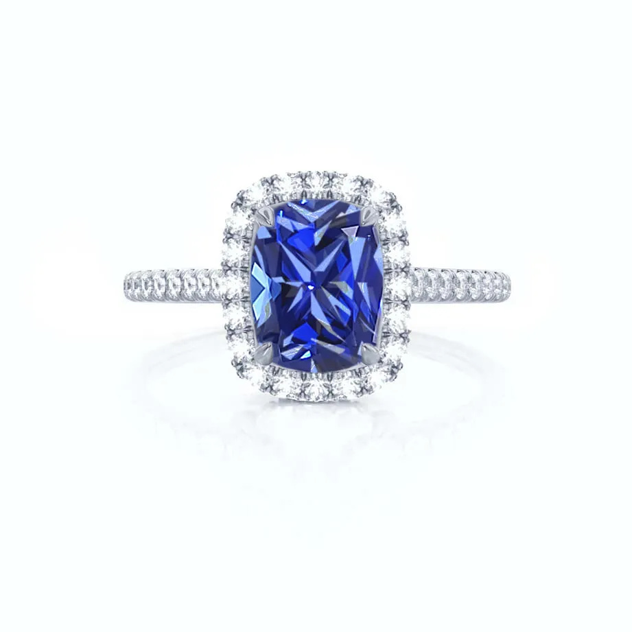 DARLEY - Chatham® Blue Sapphire Elongated Cushion Micro Pavé 18k White Gold Halo