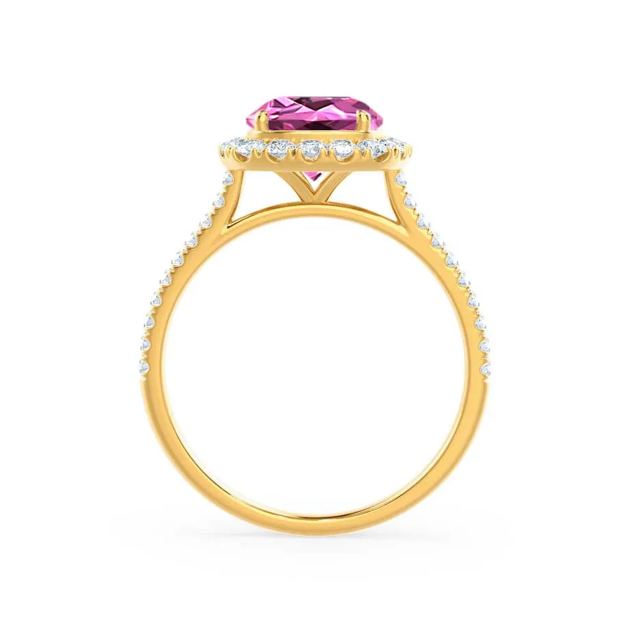 DARLEY - Chatham® Pink Sapphire Elongated Cushion Micro Pavé 18k Yellow Gold Halo