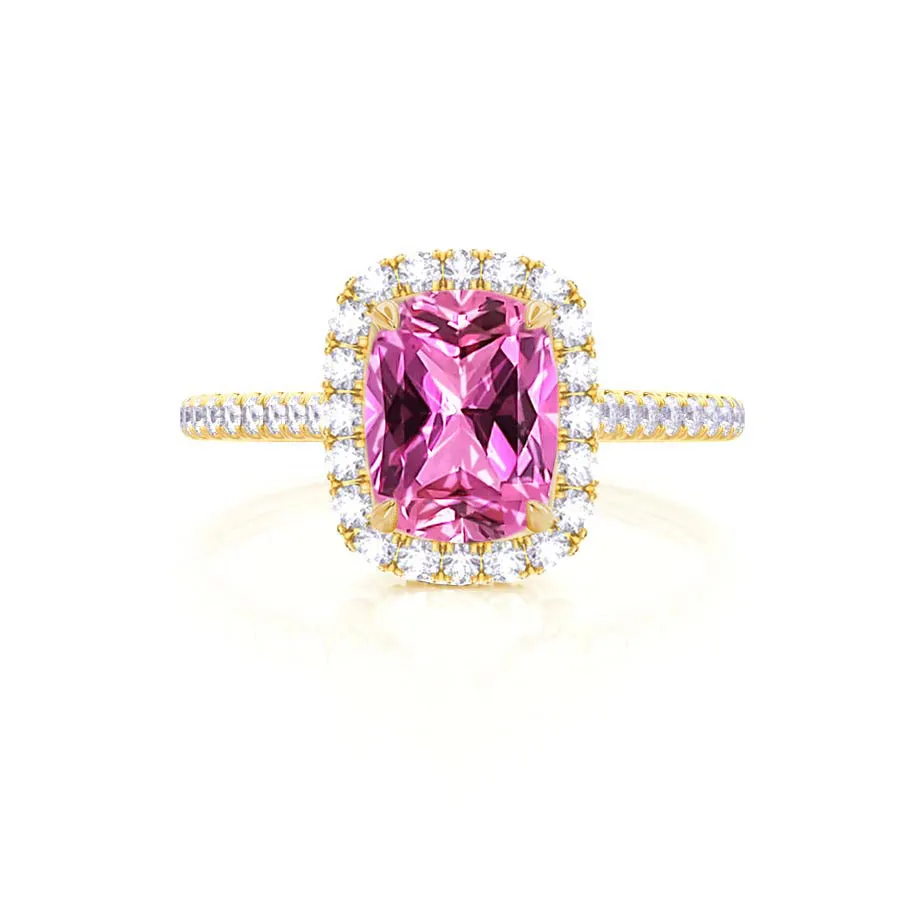 DARLEY - Chatham® Pink Sapphire Elongated Cushion Micro Pavé 18k Yellow Gold Halo