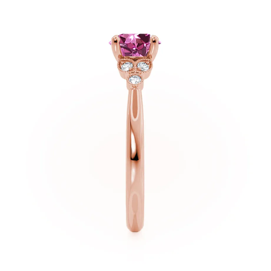 DELILAH - Chatham® Round Pink Sapphire 18k Rose Gold Shoulder Set Ring