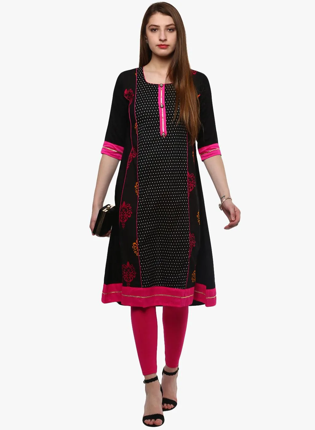 Divena Black Printed A-Line Rayon And Cotton Kurta