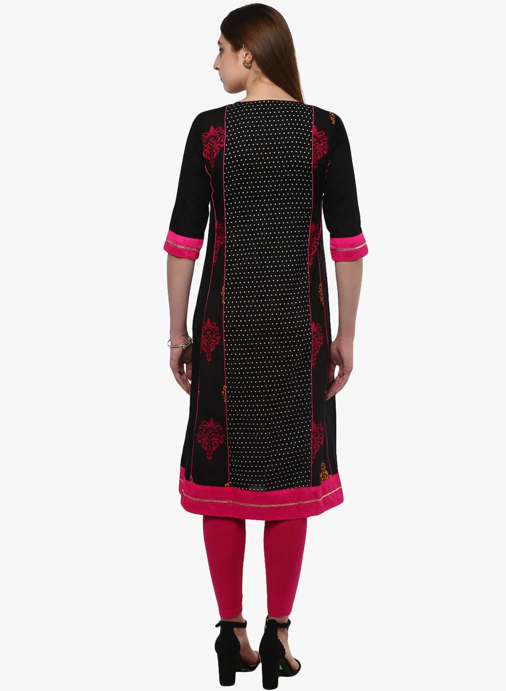 Divena Black Printed A-Line Rayon And Cotton Kurta