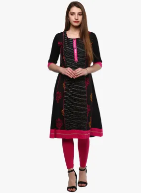 Divena Black Printed A-Line Rayon And Cotton Kurta