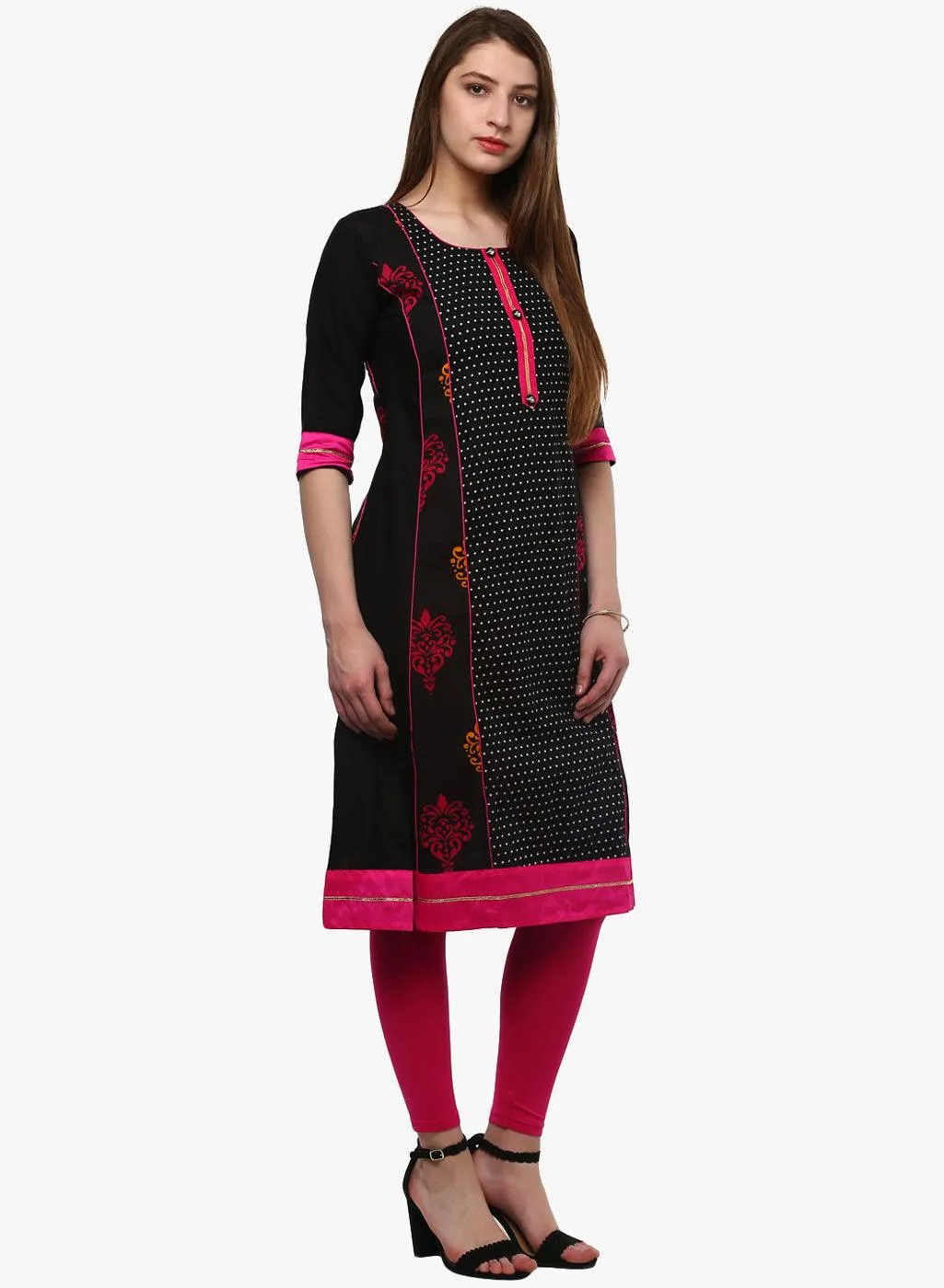 Divena Black Printed A-Line Rayon And Cotton Kurta