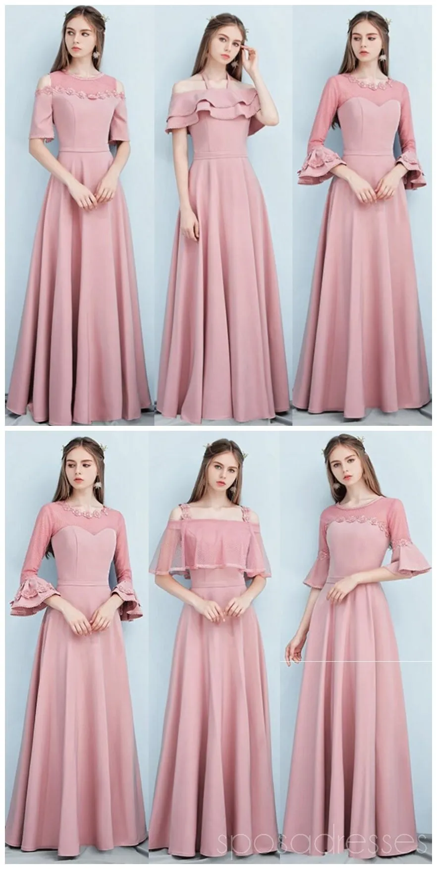 Dusty Pink Floor Length Mismatched Simple Cheap Bridesmaid Dresses, WG518