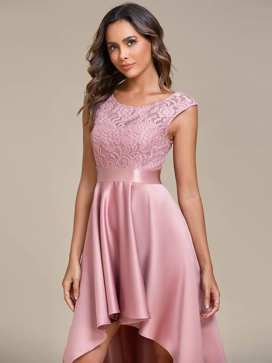 Elegant Sleeveless High-low Lace Top Wedding Guest Dress