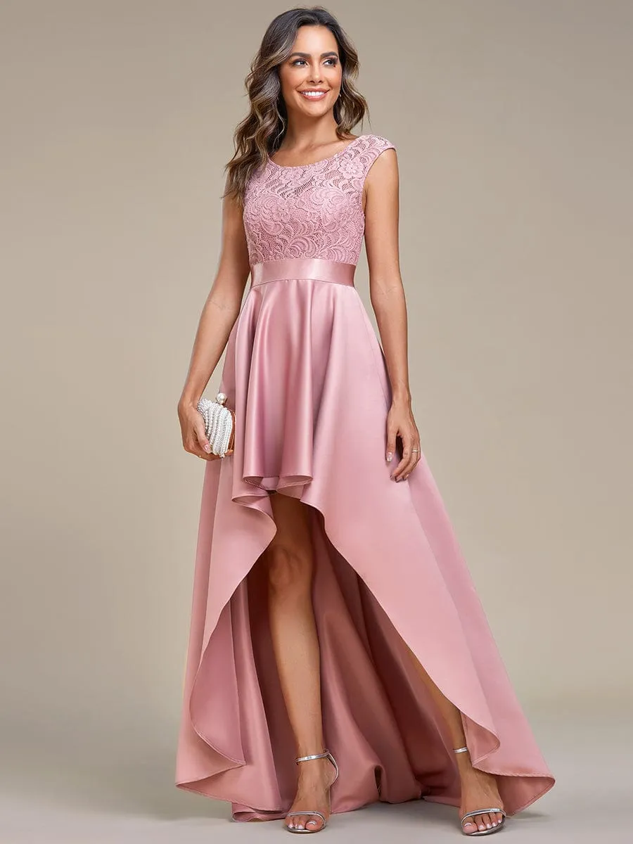 Elegant Sleeveless High-low Lace Top Wedding Guest Dress