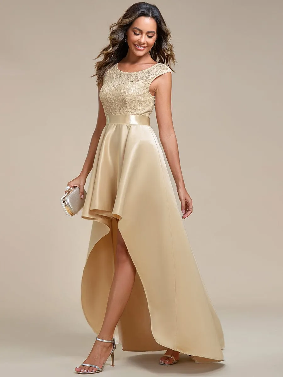 Elegant Sleeveless High-low Lace Top Wedding Guest Dress