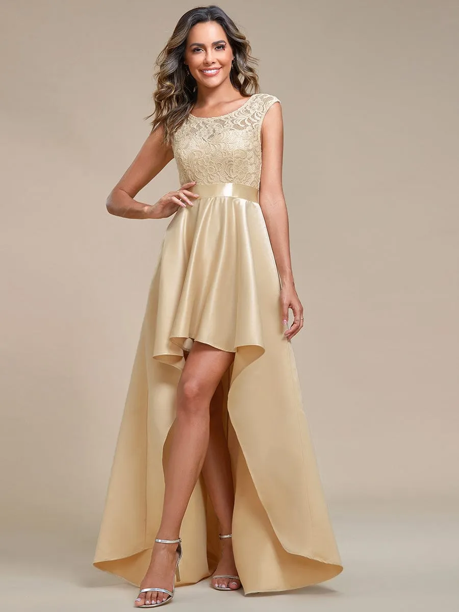 Elegant Sleeveless High-low Lace Top Wedding Guest Dress