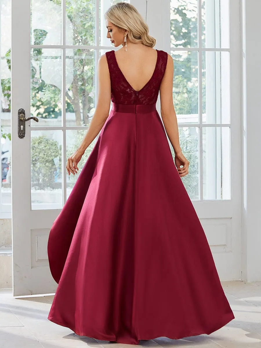 Elegant Sleeveless High-low Lace Top Wedding Guest Dress