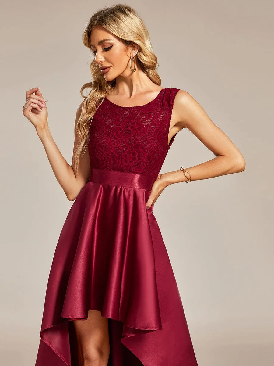 Elegant Sleeveless High-low Lace Top Wedding Guest Dress