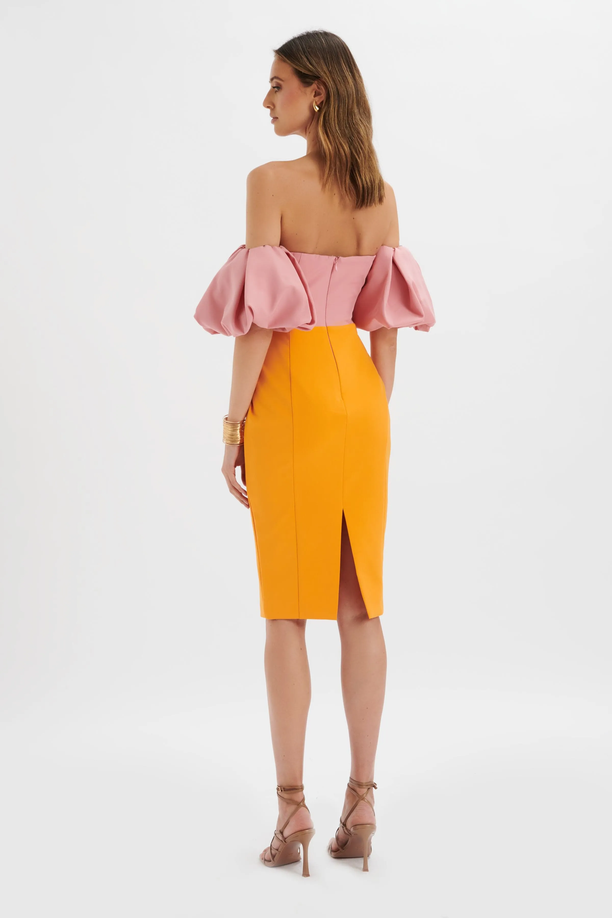 ELIZA Colour Block Twisted Midi Dress In Pink & Papaya