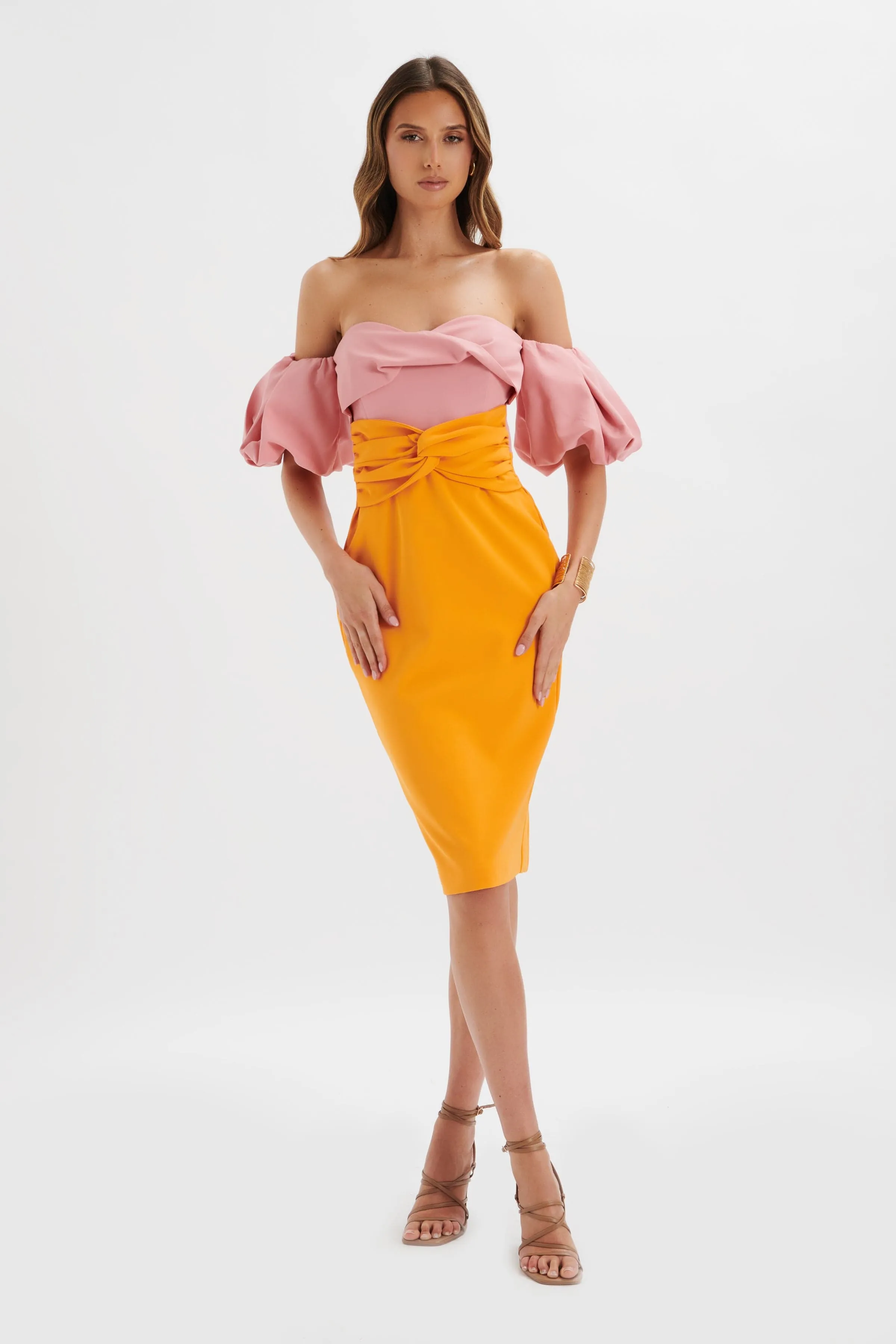 ELIZA Colour Block Twisted Midi Dress In Pink & Papaya