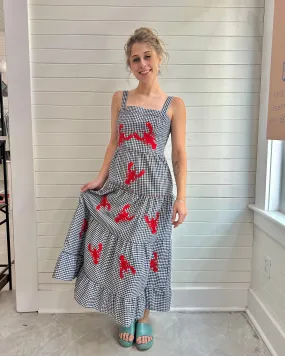 Embroidered Lobster Gingham Tiered Dress