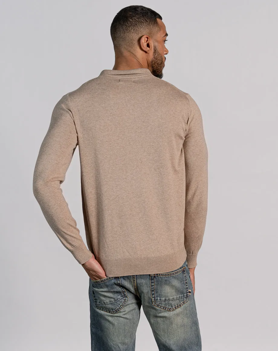 ESSENTIAL LONG SLEEVE ZIPPED POLO TOP - LIGHT STONE MARL