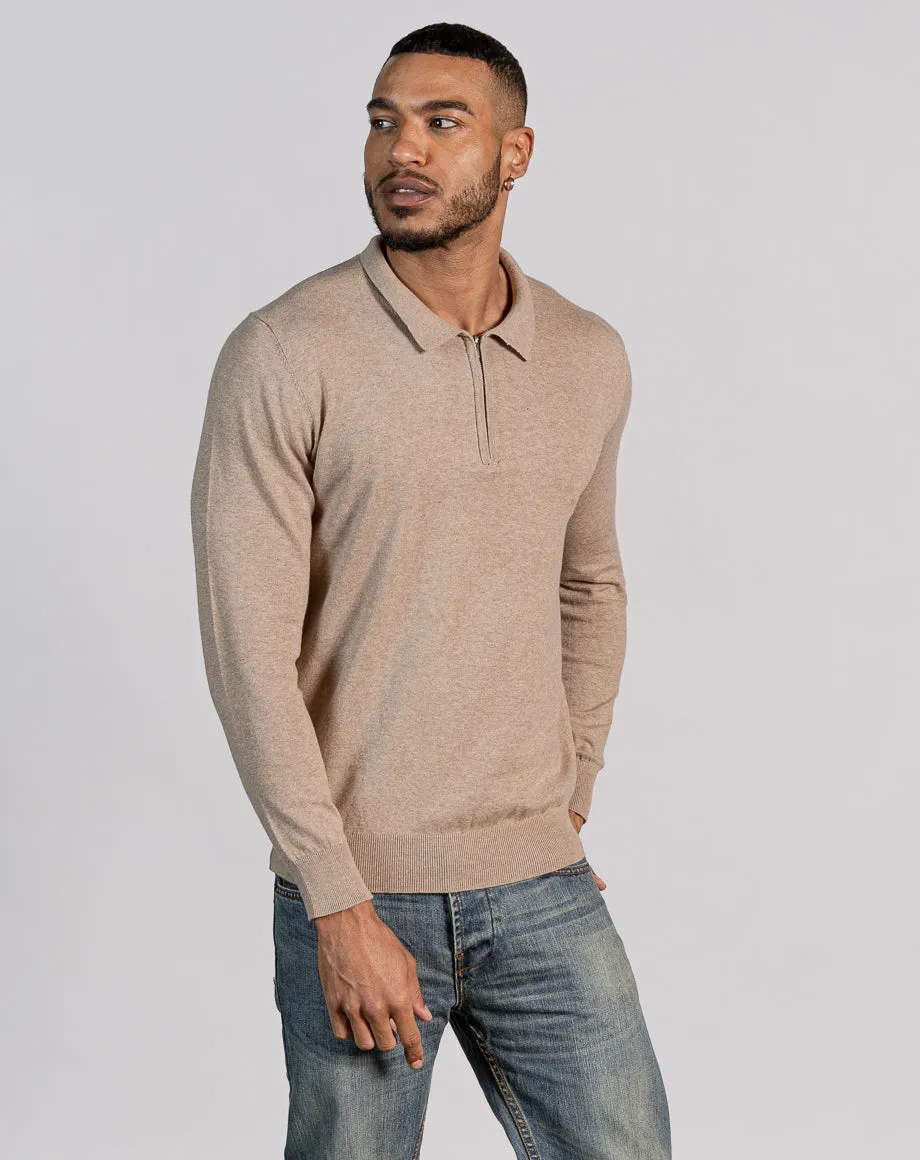 ESSENTIAL LONG SLEEVE ZIPPED POLO TOP - LIGHT STONE MARL