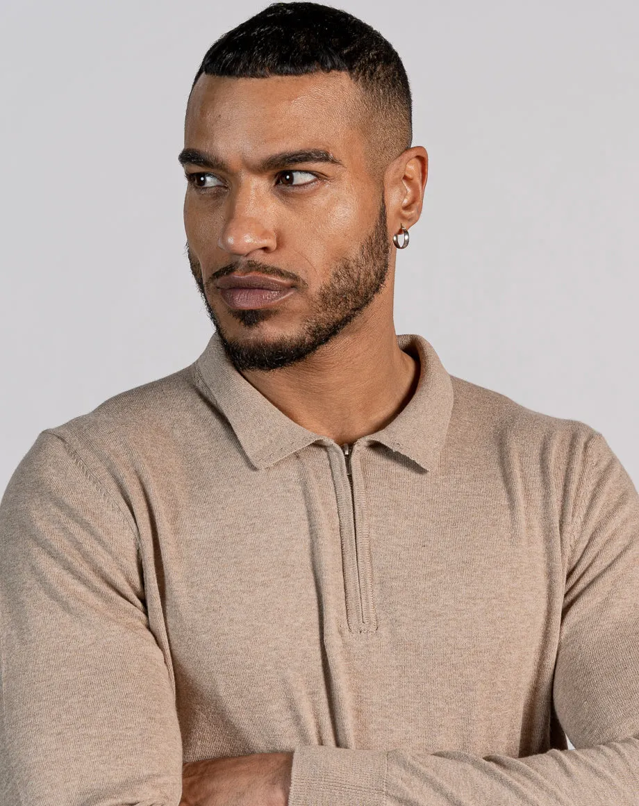 ESSENTIAL LONG SLEEVE ZIPPED POLO TOP - LIGHT STONE MARL