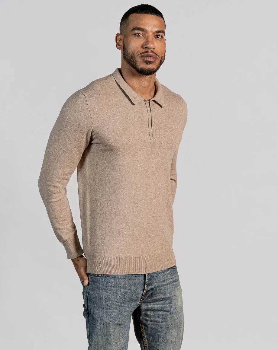 ESSENTIAL LONG SLEEVE ZIPPED POLO TOP - LIGHT STONE MARL