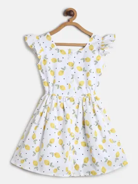 Girls Regular Fit White Cotton Printed Dress