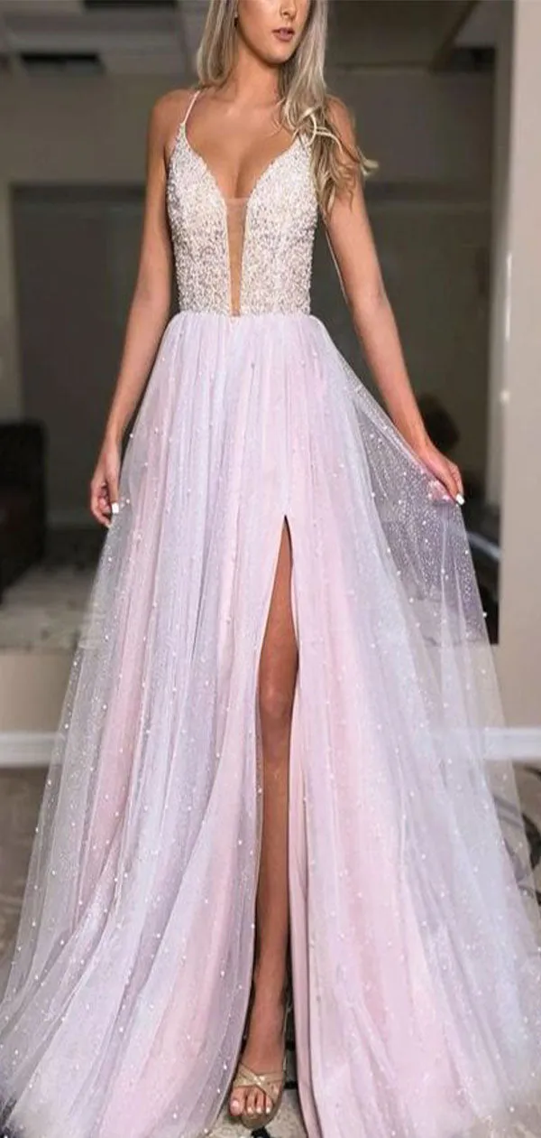 Gorgeous A-Line V Neck Halter Lace Up Side Slit Sequins Beading Long Formal Prom Dresses,Evening Gowns,WGP377