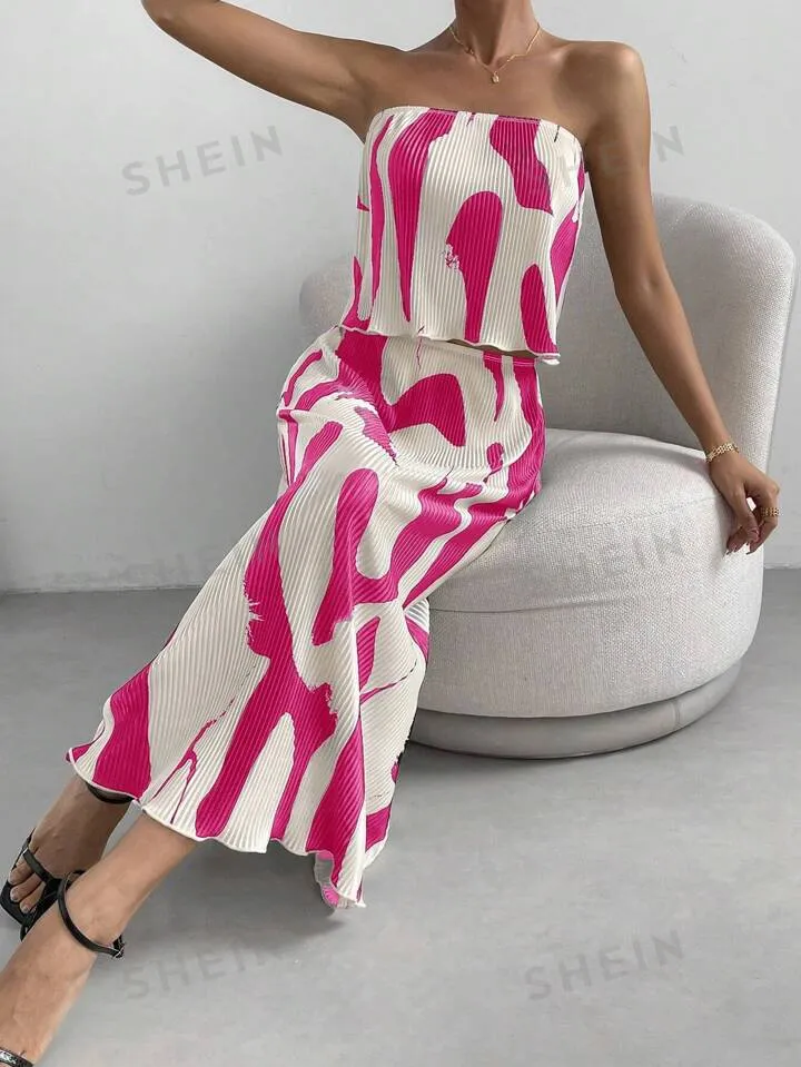 Graphic print tube tope & skirt in pink