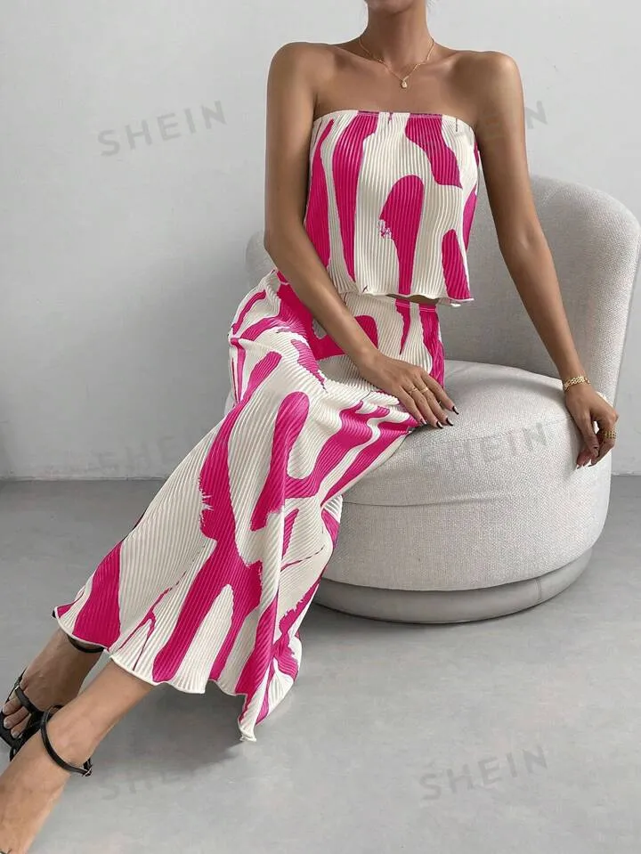 Graphic print tube tope & skirt in pink