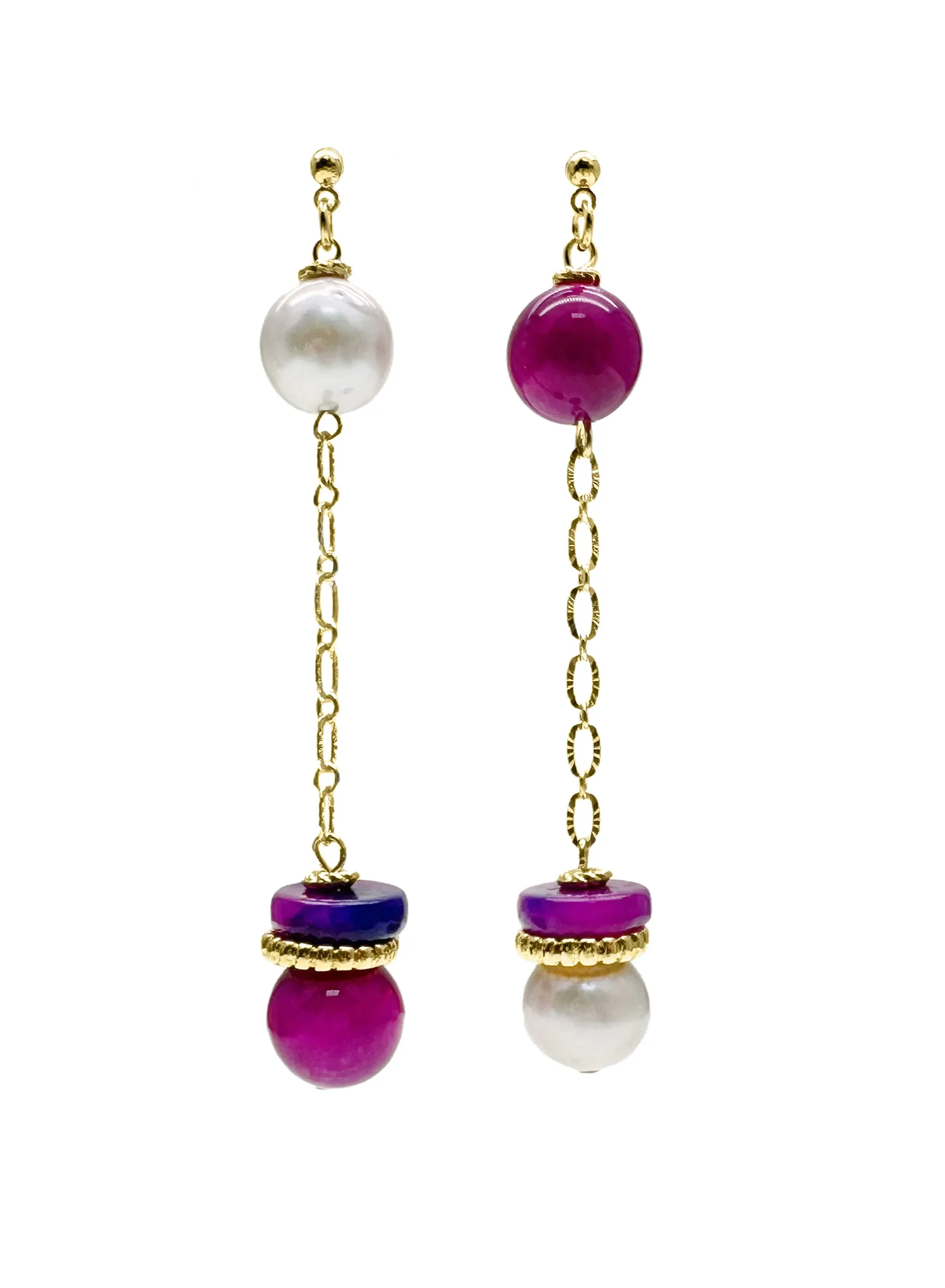 Gray Freshwater Pearls and Magenta Gemstone Dangle Earrings LE008