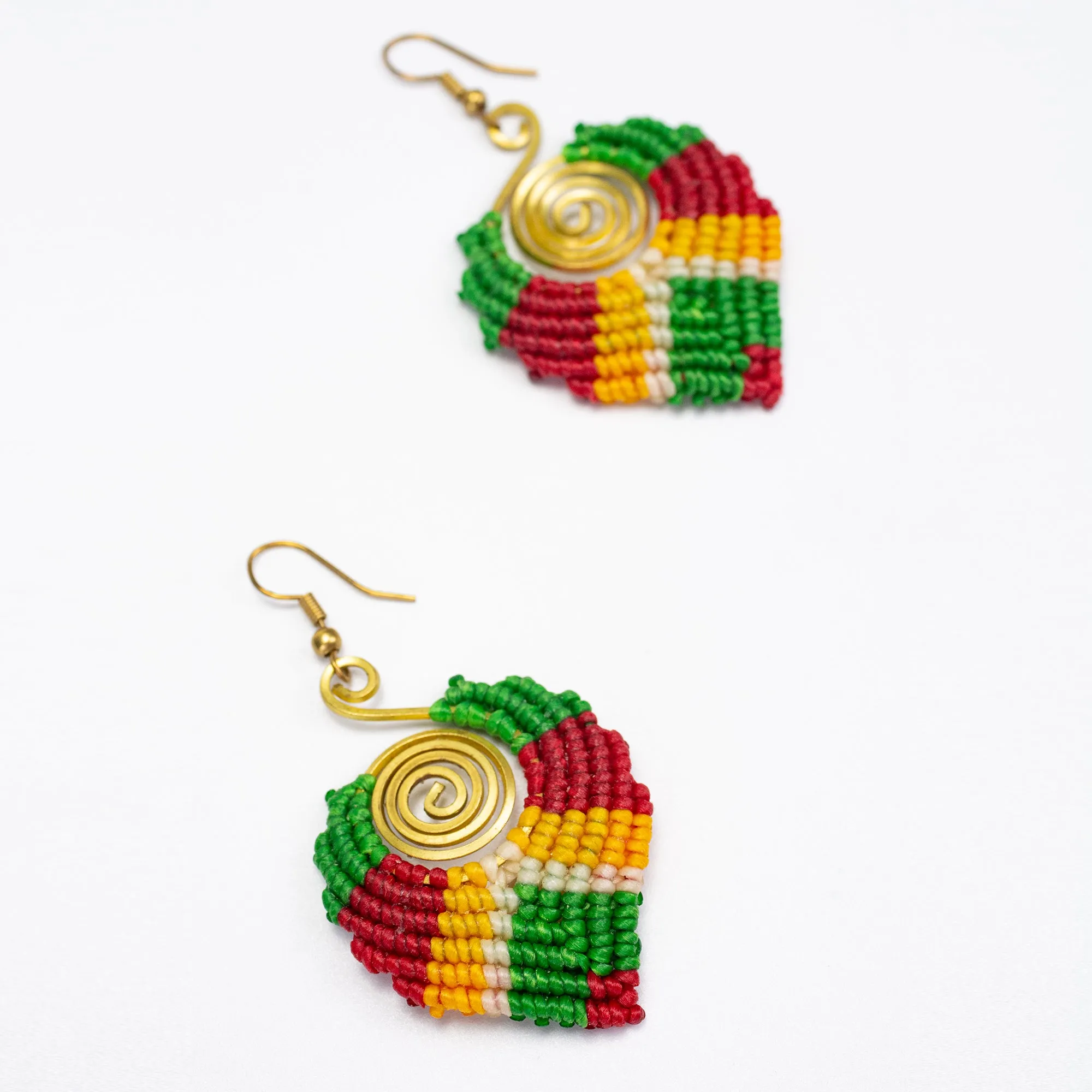 Green Red Waxed String Spiral Brass Earrings