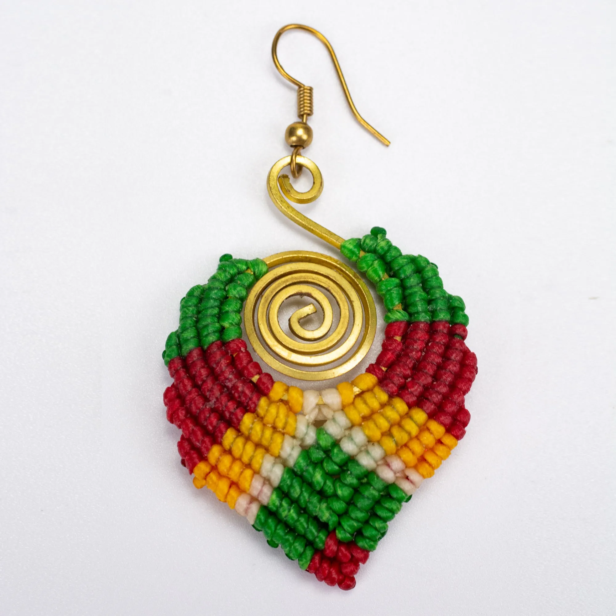 Green Red Waxed String Spiral Brass Earrings