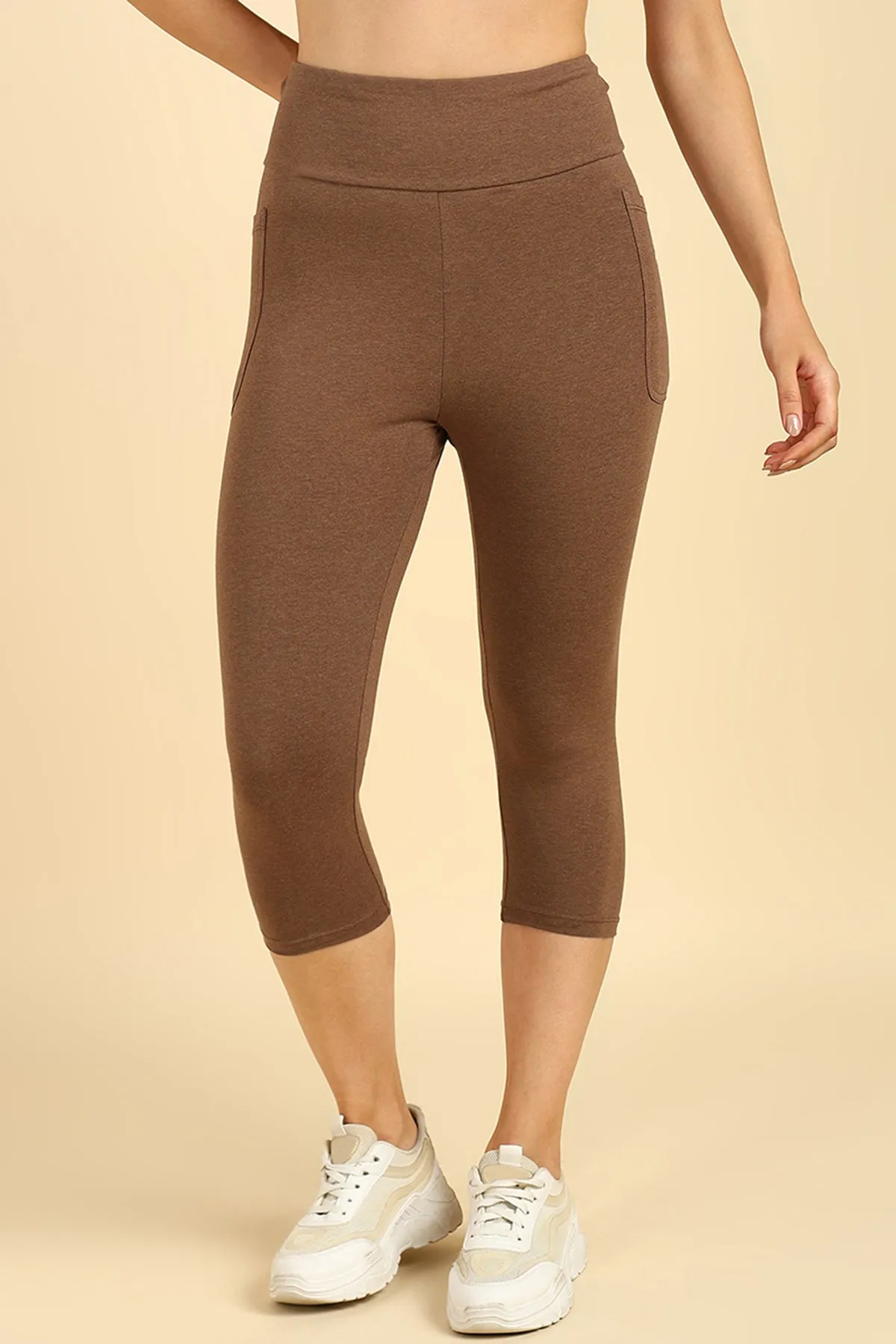 High Waist Melange Brown Mom Capri