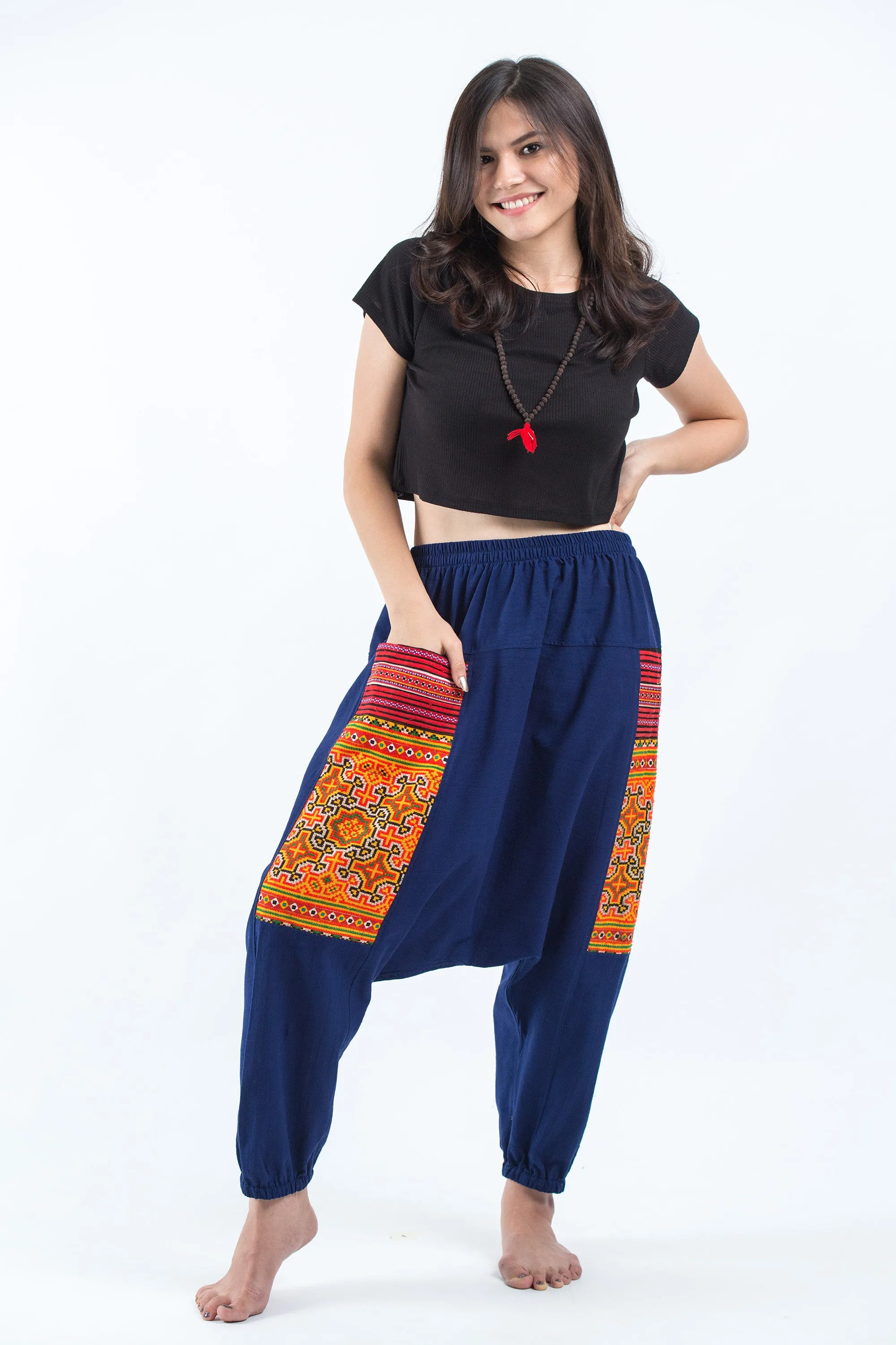 Hill Tribe Embroidered Cotton Women's Harem Pants In Blue