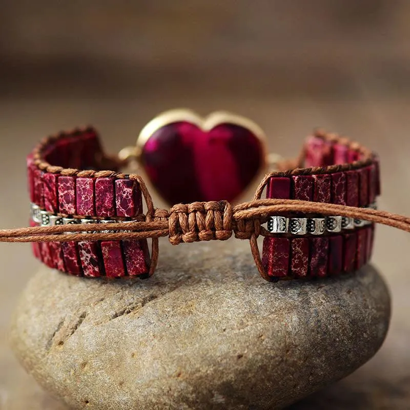 Jasper Heart Charm & Beads Cuff Bracelet