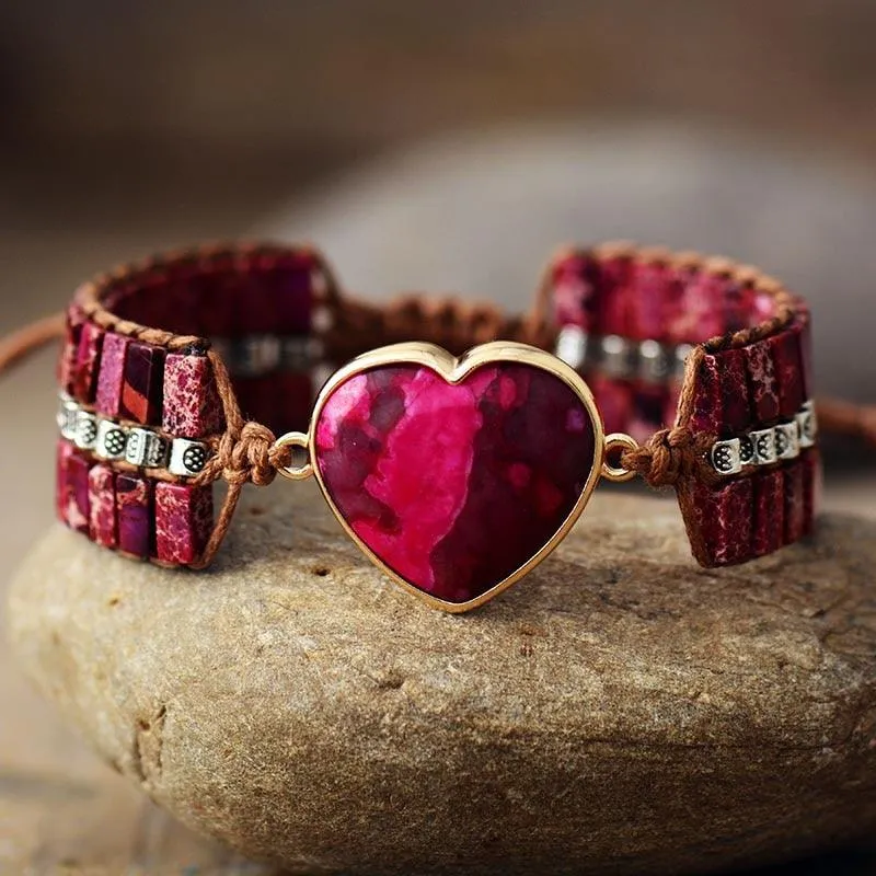 Jasper Heart Charm & Beads Cuff Bracelet