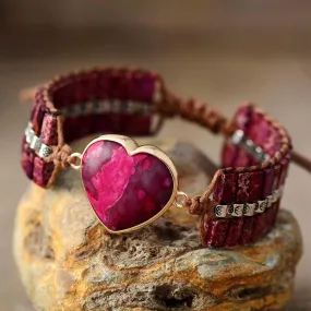 Jasper Heart Charm & Beads Cuff Bracelet