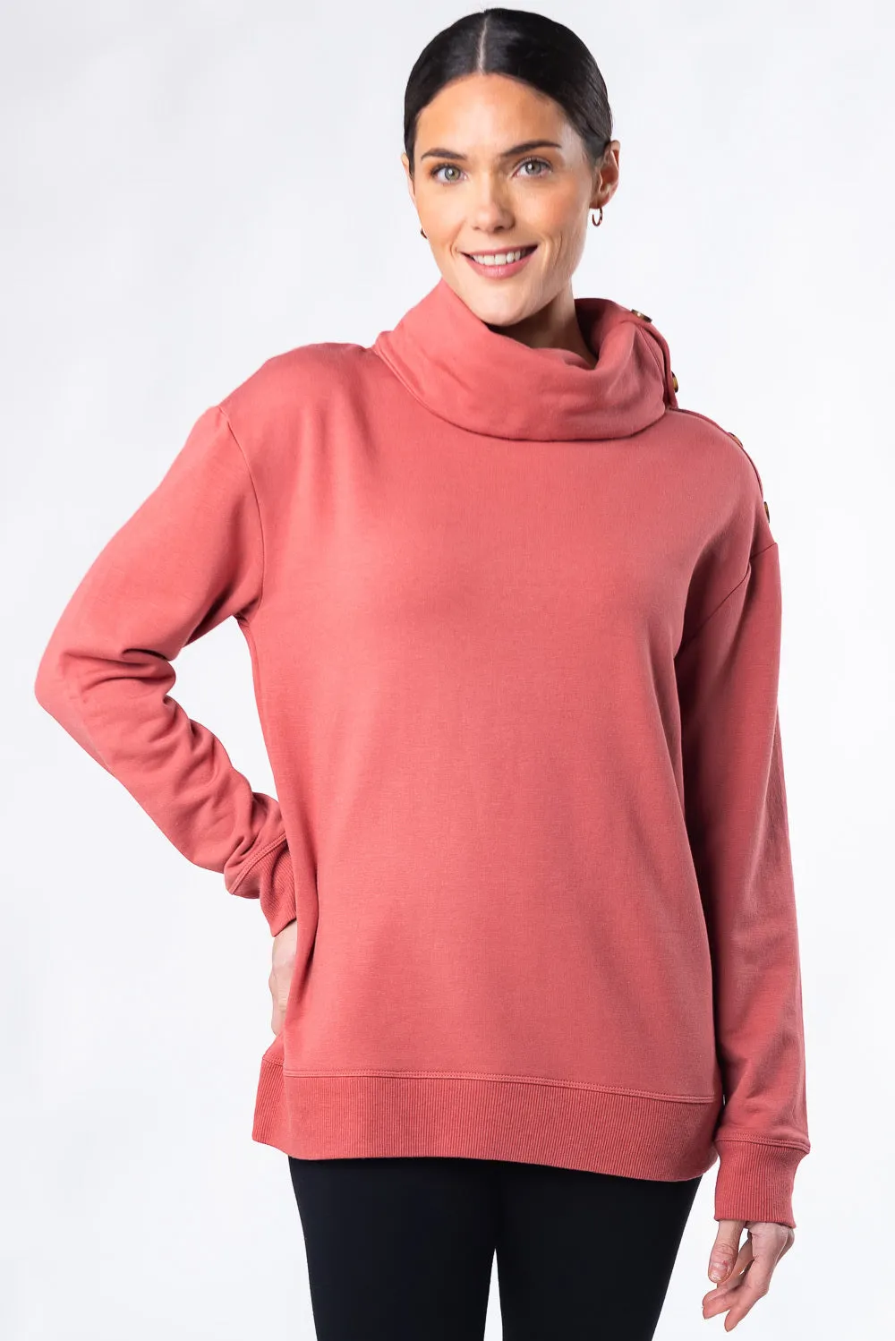 Jennie Split Neck Bamboo Fleece Top - Desert Pink