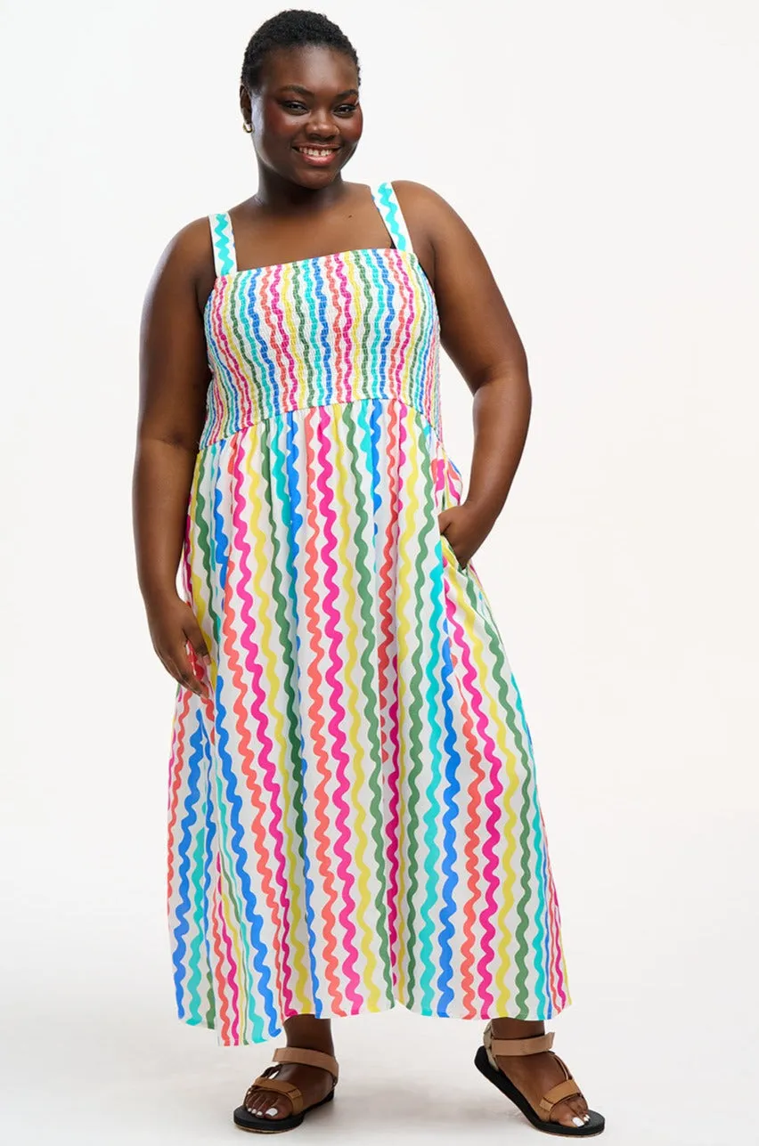 Kyla Shirred Midi Sundress - Multi, Squiggly Lines