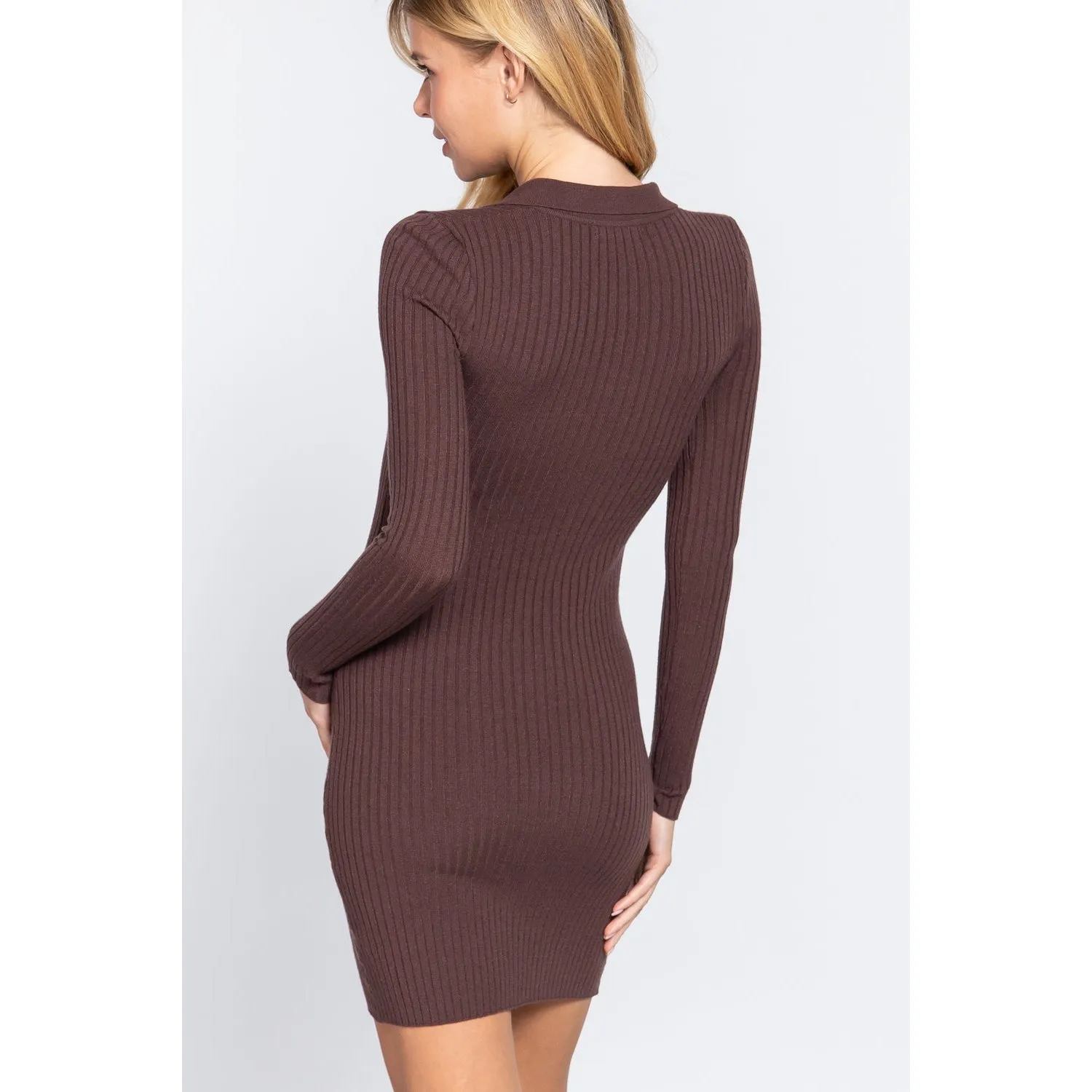 Long Slv V-neck Sweater Rib Mini Dress