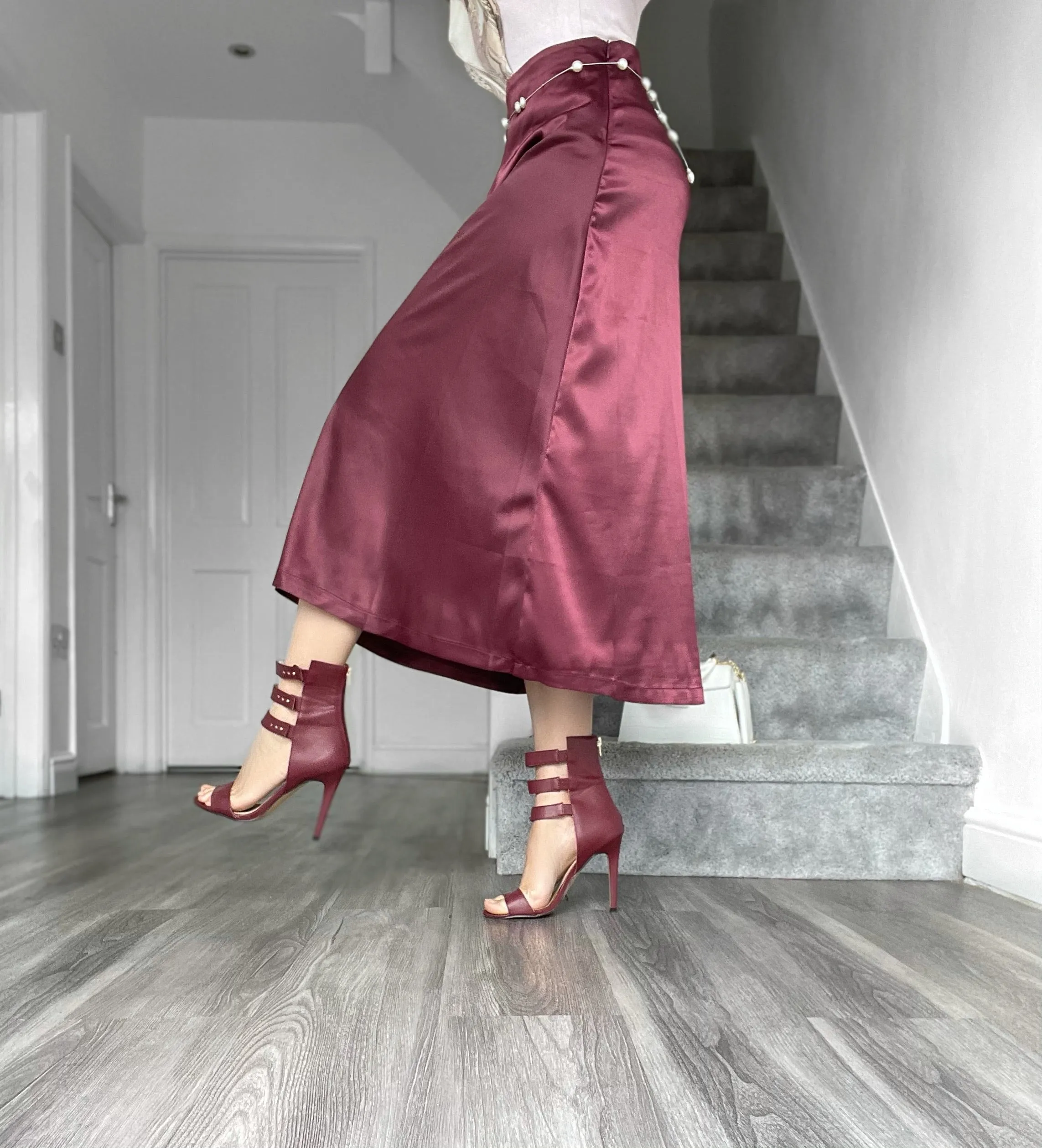 MERA BURGUNDY MAXI FLOWY SATIN SKIRT