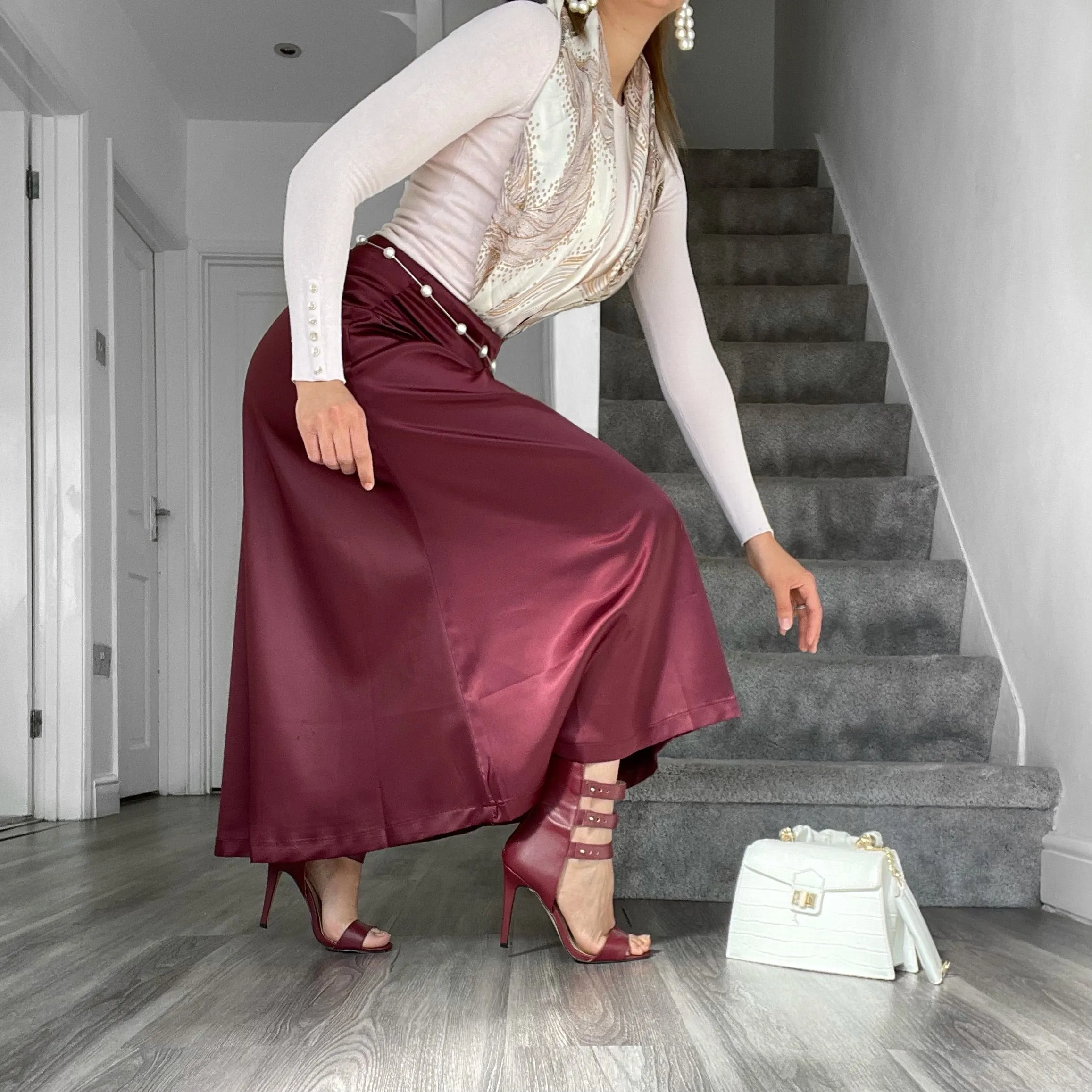 MERA BURGUNDY MAXI FLOWY SATIN SKIRT