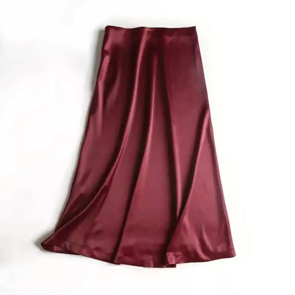 MERA BURGUNDY MAXI FLOWY SATIN SKIRT