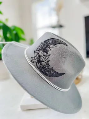 Moon & Lotus Flower Hat | Hand Burnt| Cowboy Hat/Fedora